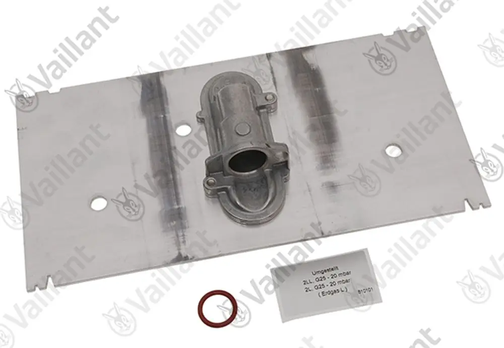 Vaillant Umstellsatz bestehend aus einer metallischen Grundplatte mit einer Aufsatzkomponente und einem Dichtungsring, zur Verwendung in Heizsystemen.